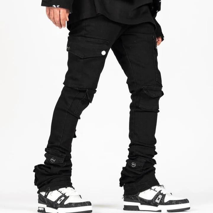 PHEELINGS - "MY PLEASURE" CARGO FLARE STACK DENIM - BLACK