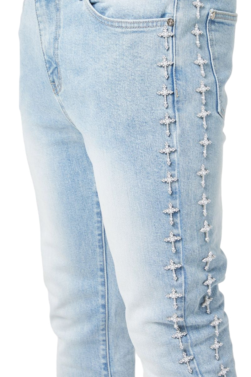 GUAPI VINTAGE BLUE CROSSES EMBELLISHED DENIM