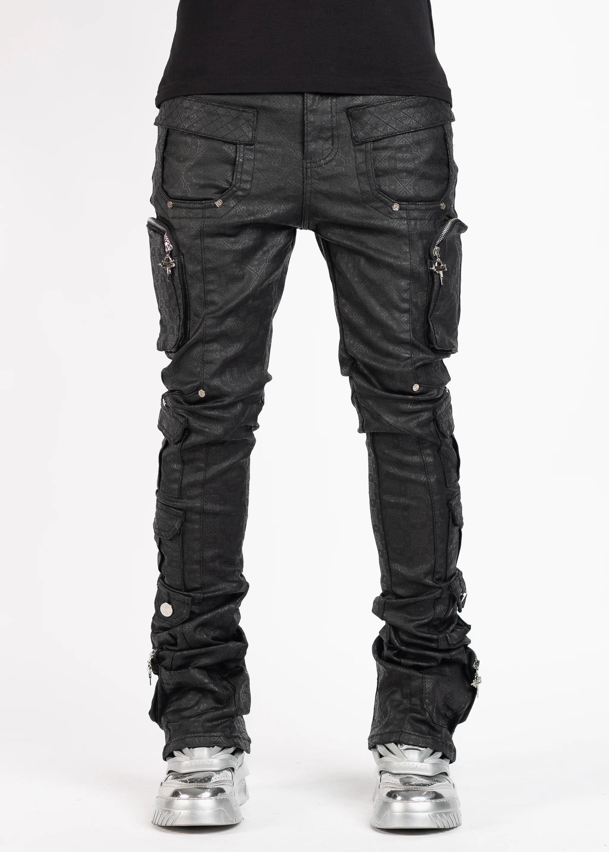 GUAPI all black monogram embellished denim