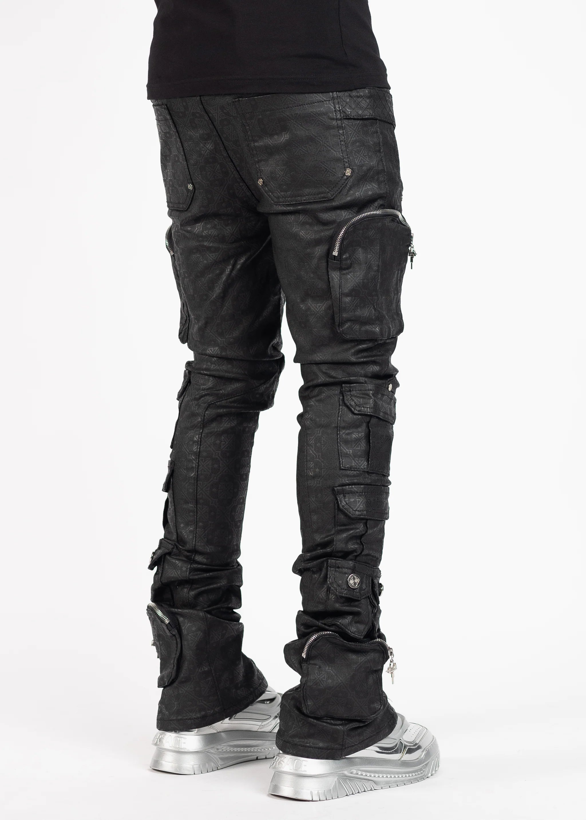 GUAPI all black monogram embellished denim