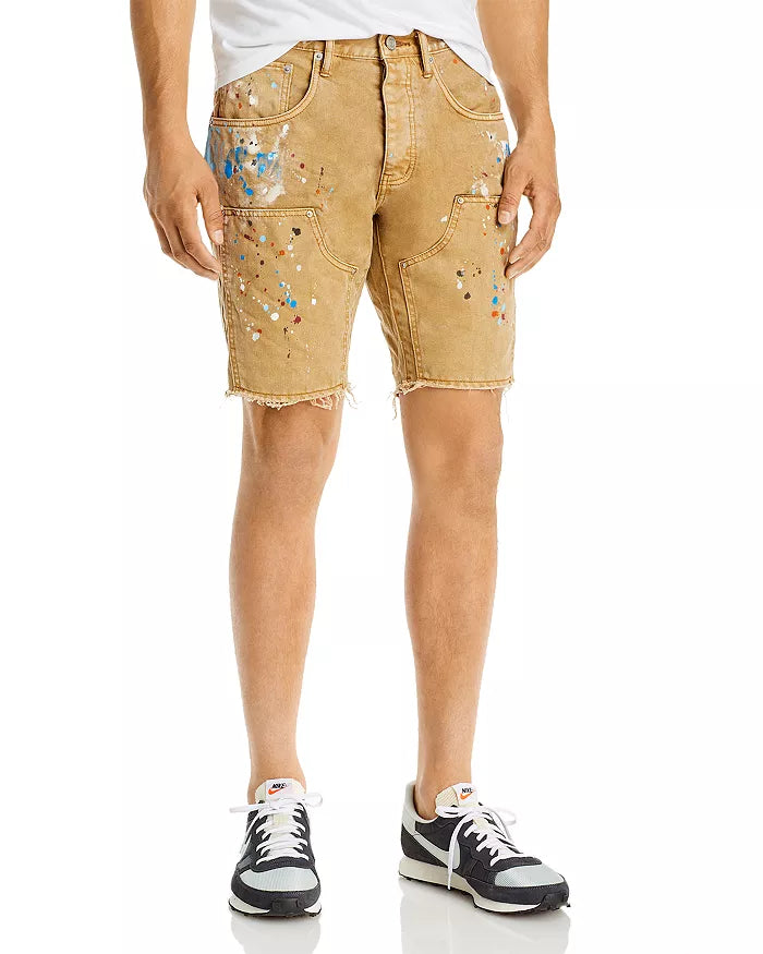 Purple Brand Paint Splatter Skinny Fit Denim Carpenter Shorts in Tan