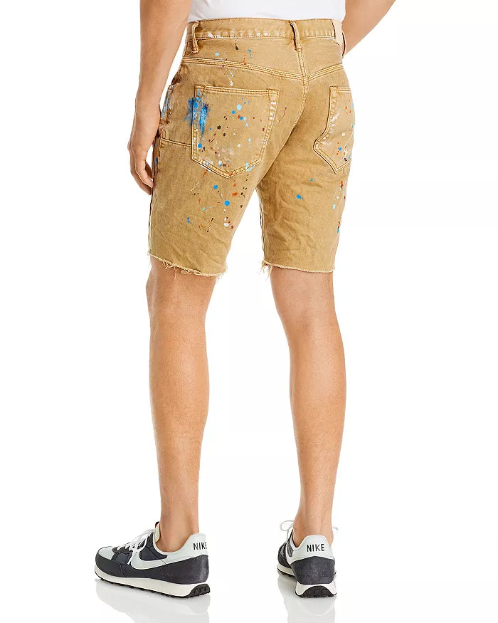 Purple Brand Paint Splatter Skinny Fit Denim Carpenter Shorts in Tan