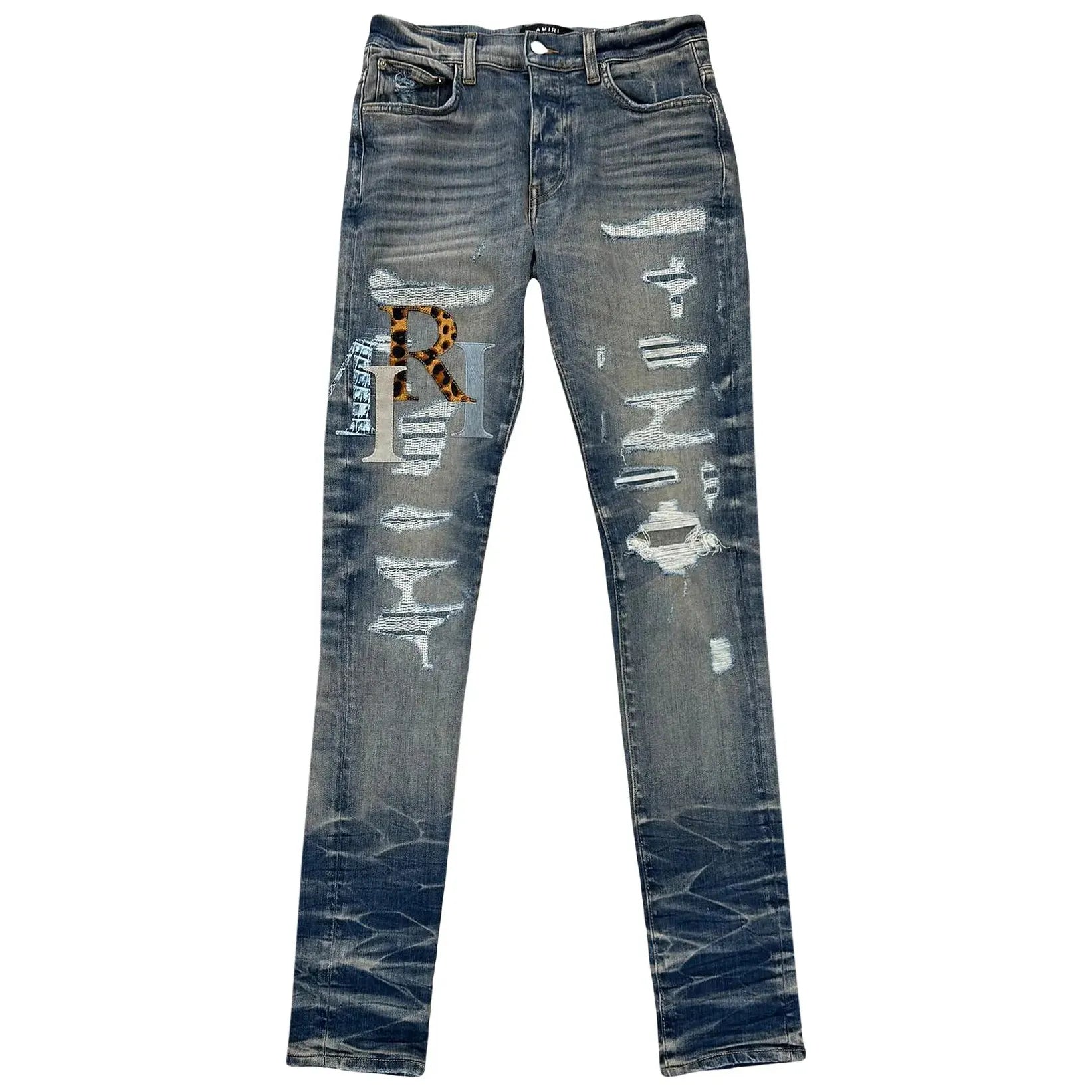 Amiri Leather Staggered Logo Jean Vintage Indigo