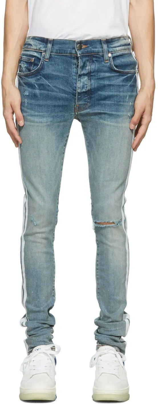 amiri  blue flocked track jeans