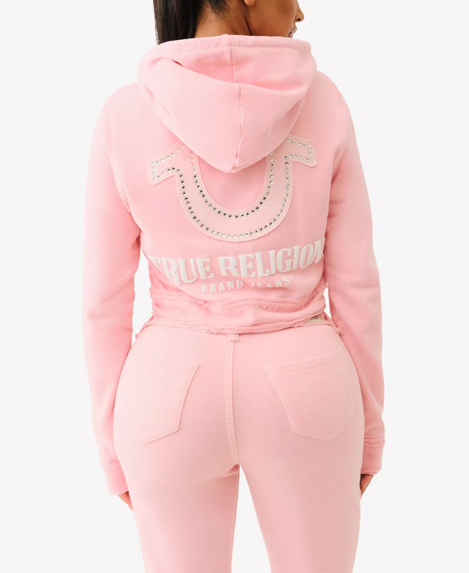 True Religion Women's Raw Edge Big T Shrunken Hoodie Sweatshirt