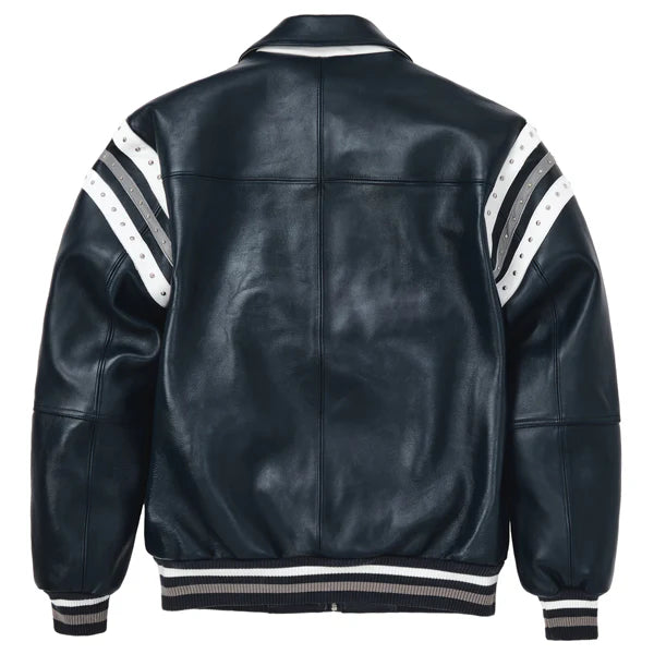 Pelle"Encrusted Varsity Plush Leather Jacket (Navy)