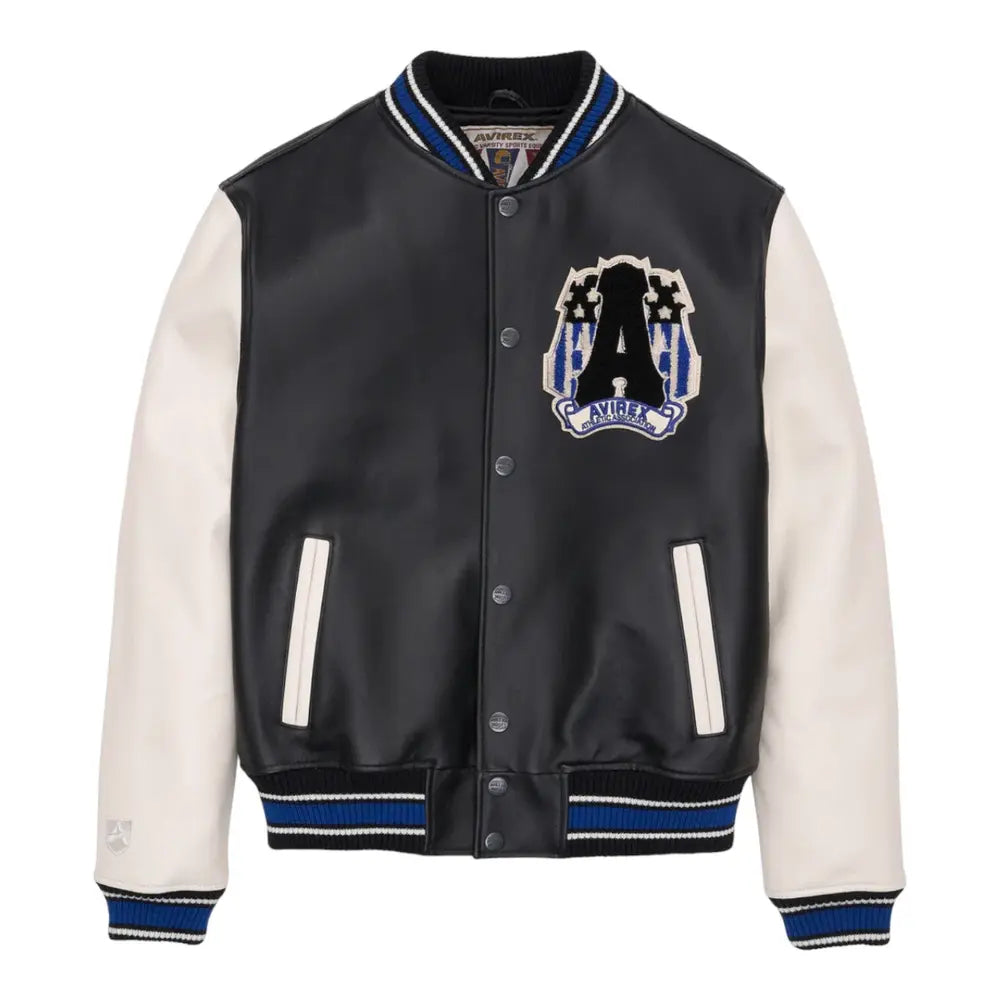 Athletic Association Leather Jacket Black White Blue