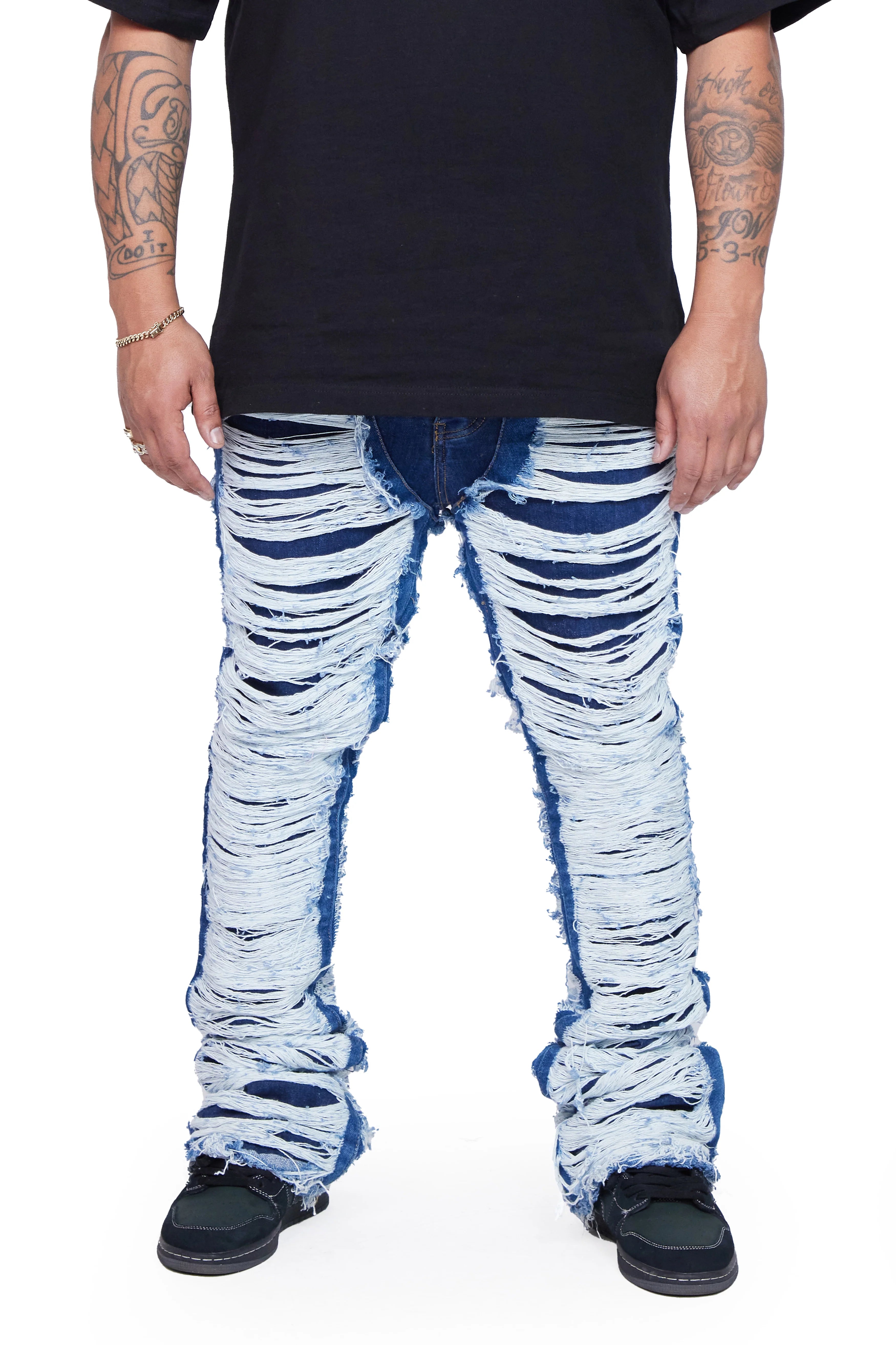 "RAVAGED" INDIGO STACKED FLARE JEAN