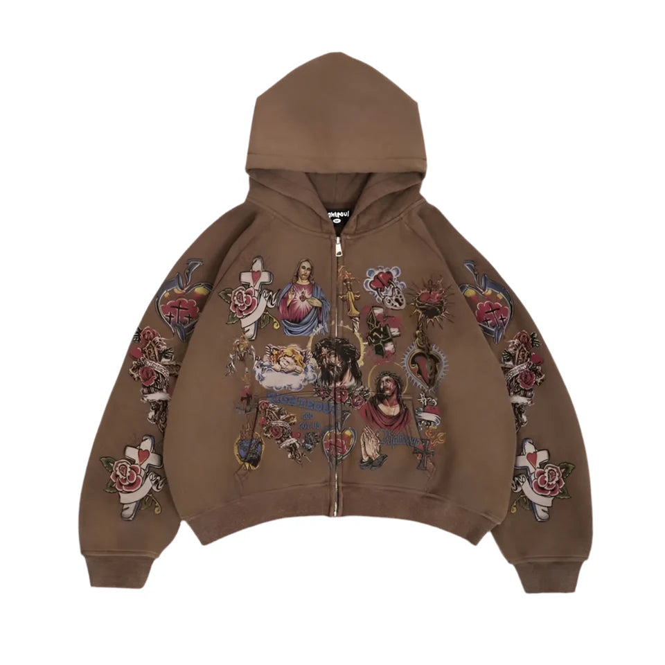 We Are Righteous - Risen King Cropped Zip-Up - Brown