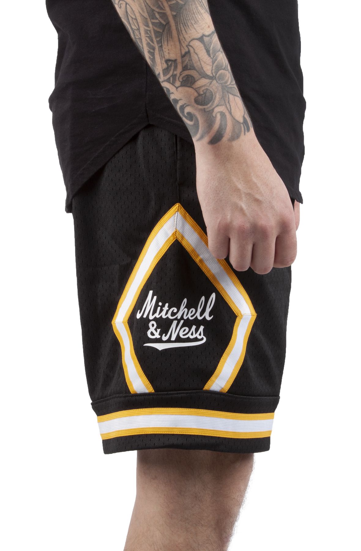 Men's Mitchell & Ness Black/Gold Diamond Script Shorts