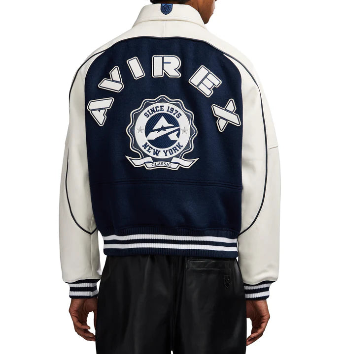CLASSIC WOOL LEATHER VARSITY JACKET NAVY BLAZER