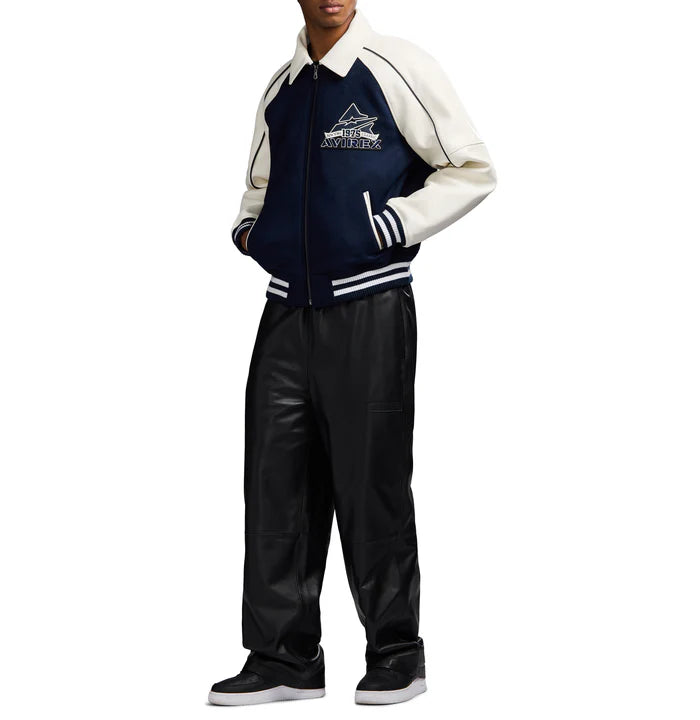 CLASSIC WOOL LEATHER VARSITY JACKET NAVY BLAZER