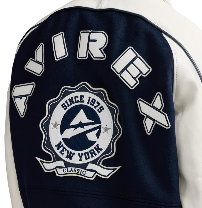 CLASSIC WOOL LEATHER VARSITY JACKET NAVY BLAZER