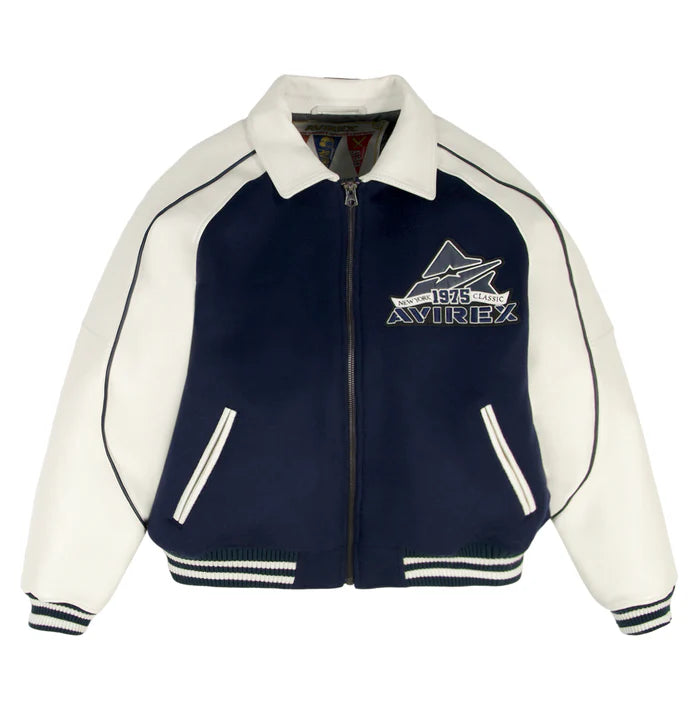 CLASSIC WOOL LEATHER VARSITY JACKET NAVY BLAZER
