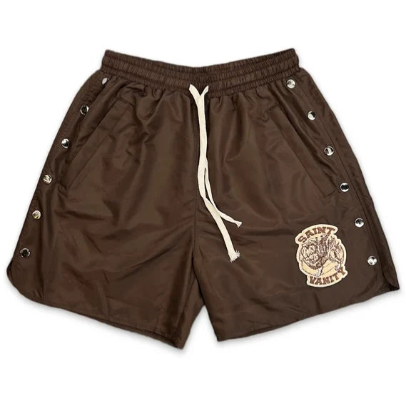 Saint Vanity Nylon Logo Button Shorts Brown