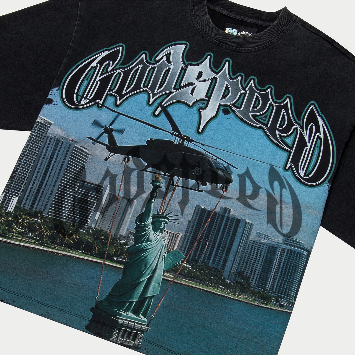 Godspeed JFK To MIA Tee Black wash