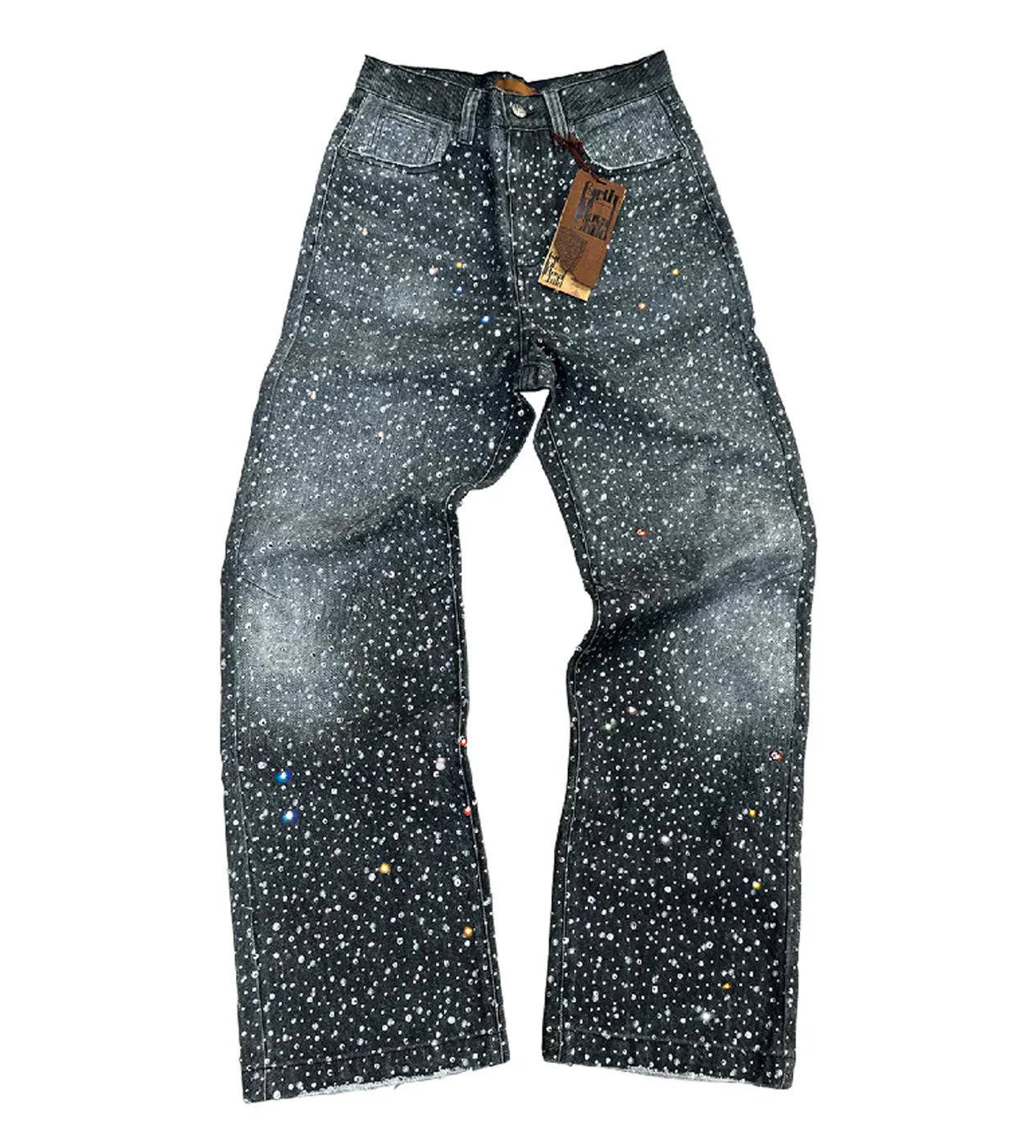 BIRTH OF ROYAL CHILD 3D PRINTING WASHED 20K SWAROVSKI DIAMOND BORO DENIM PANTS BLACK