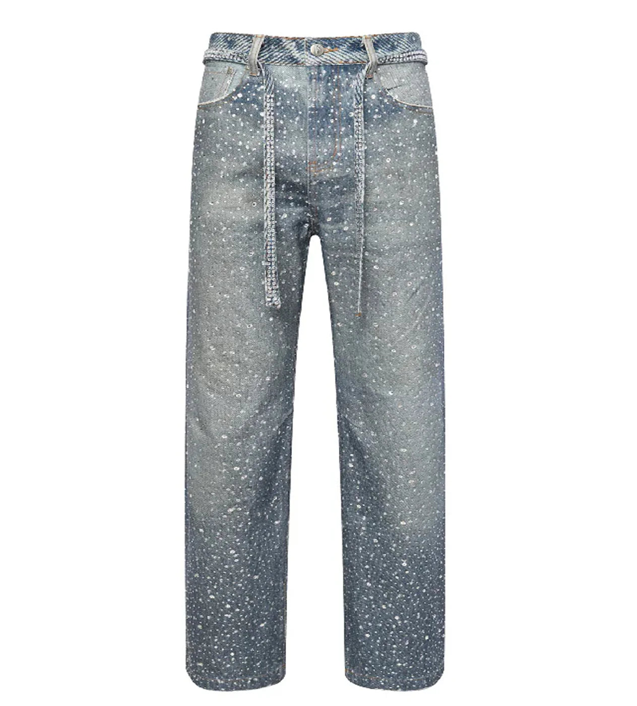 BIRTH OF ROYAL CHILD 3D PRINTING WASHED 20K SWAROVSKI DIAMOND BORO DENIM PANTS BLUE