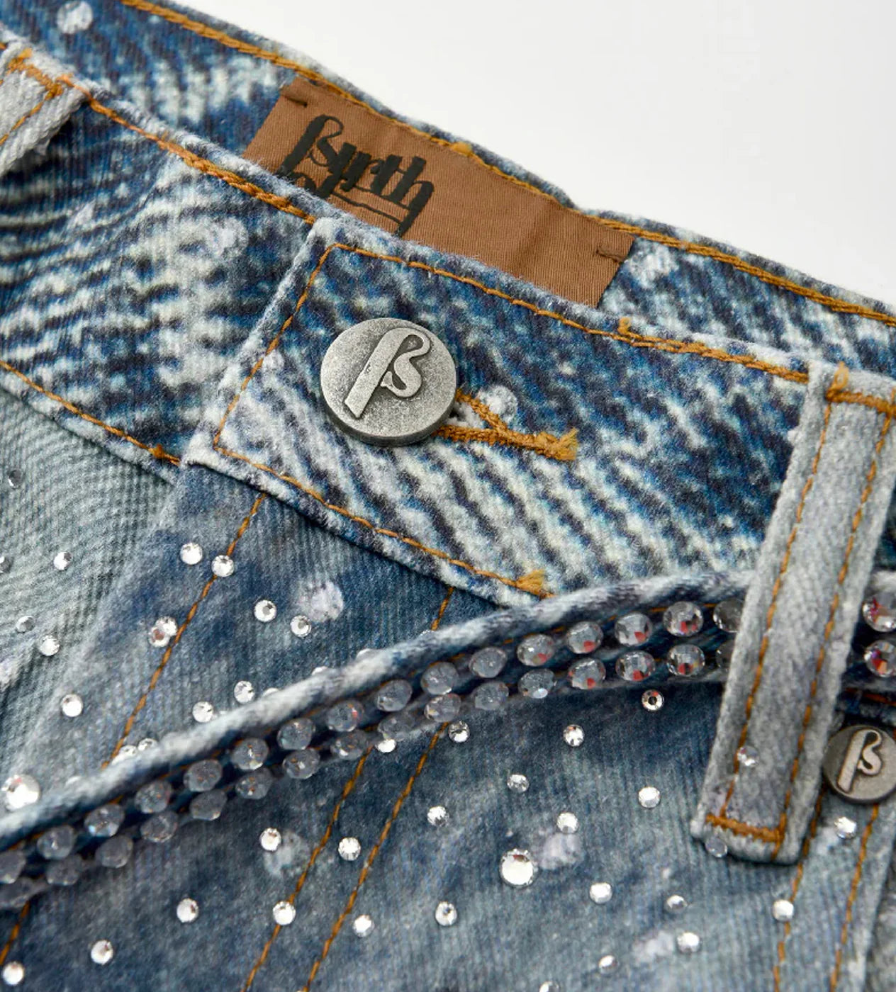 BIRTH OF ROYAL CHILD 3D PRINTING WASHED 20K SWAROVSKI DIAMOND BORO DENIM PANTS BLUE