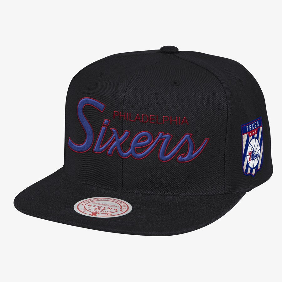 Display slide 1 of 3Selected slide 2 of 3Display slide 3 of 3 Black Philadelphia 76ers Hardwood Classics Pink Under Script Snapback Hat