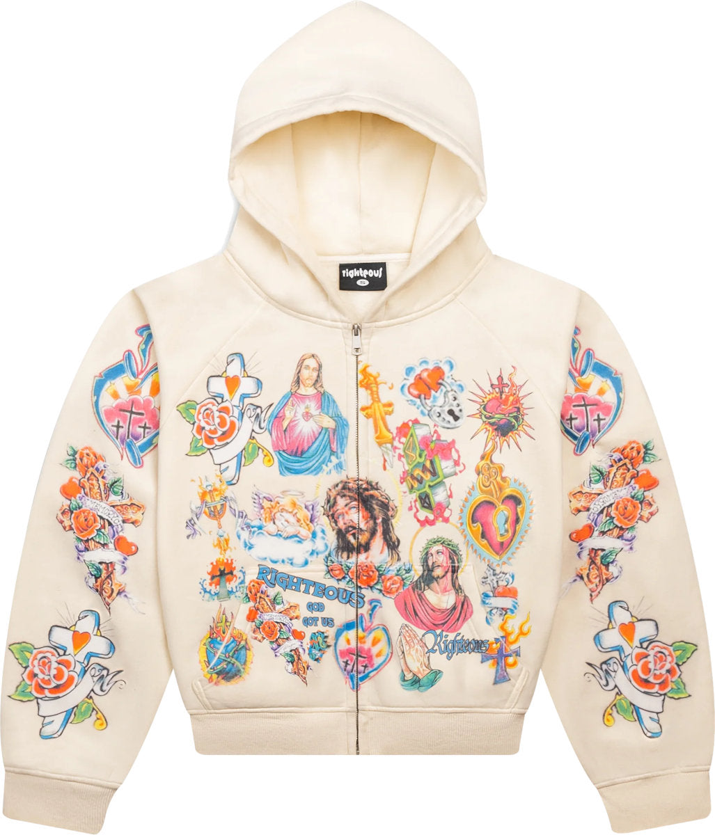 we are righteous cream multicolor Jesus print zip up hoodie