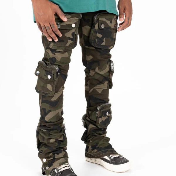 PHEELINGS - "JOURNEY TO GREATNESS" CARGO FLARE STACK DENIM - CAMO GREE