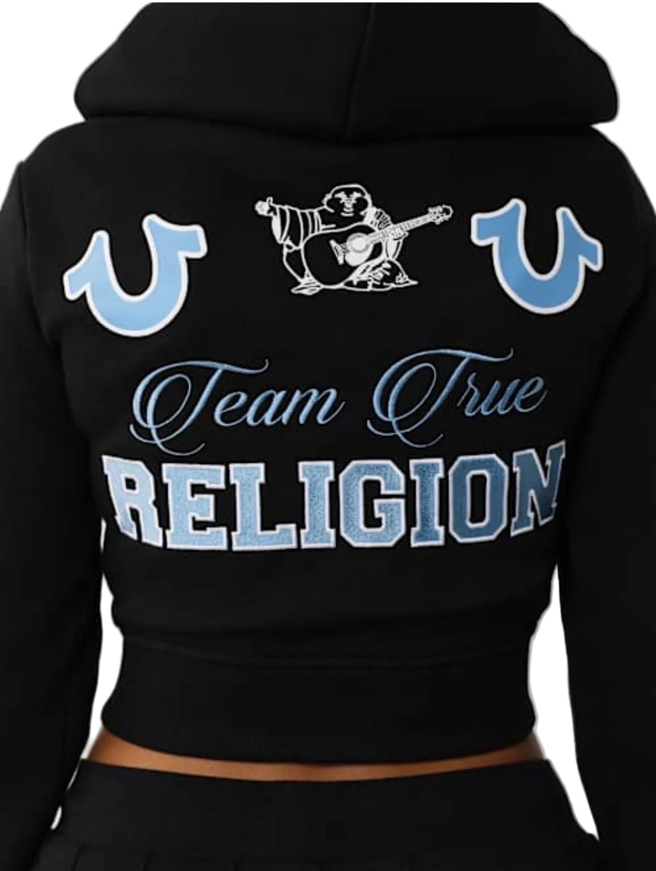 Embroidered Front Zip Cotton Blend Crop Hoodie 'JET BLACK'