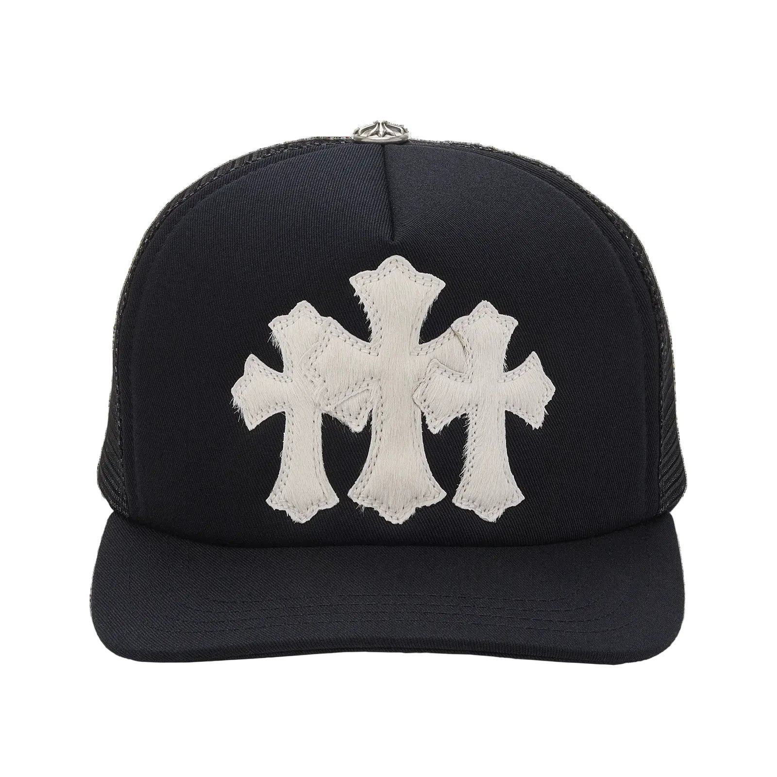 Chrome Hearts Calf Hair Triple Cemetery Cross Trucker Hat Black