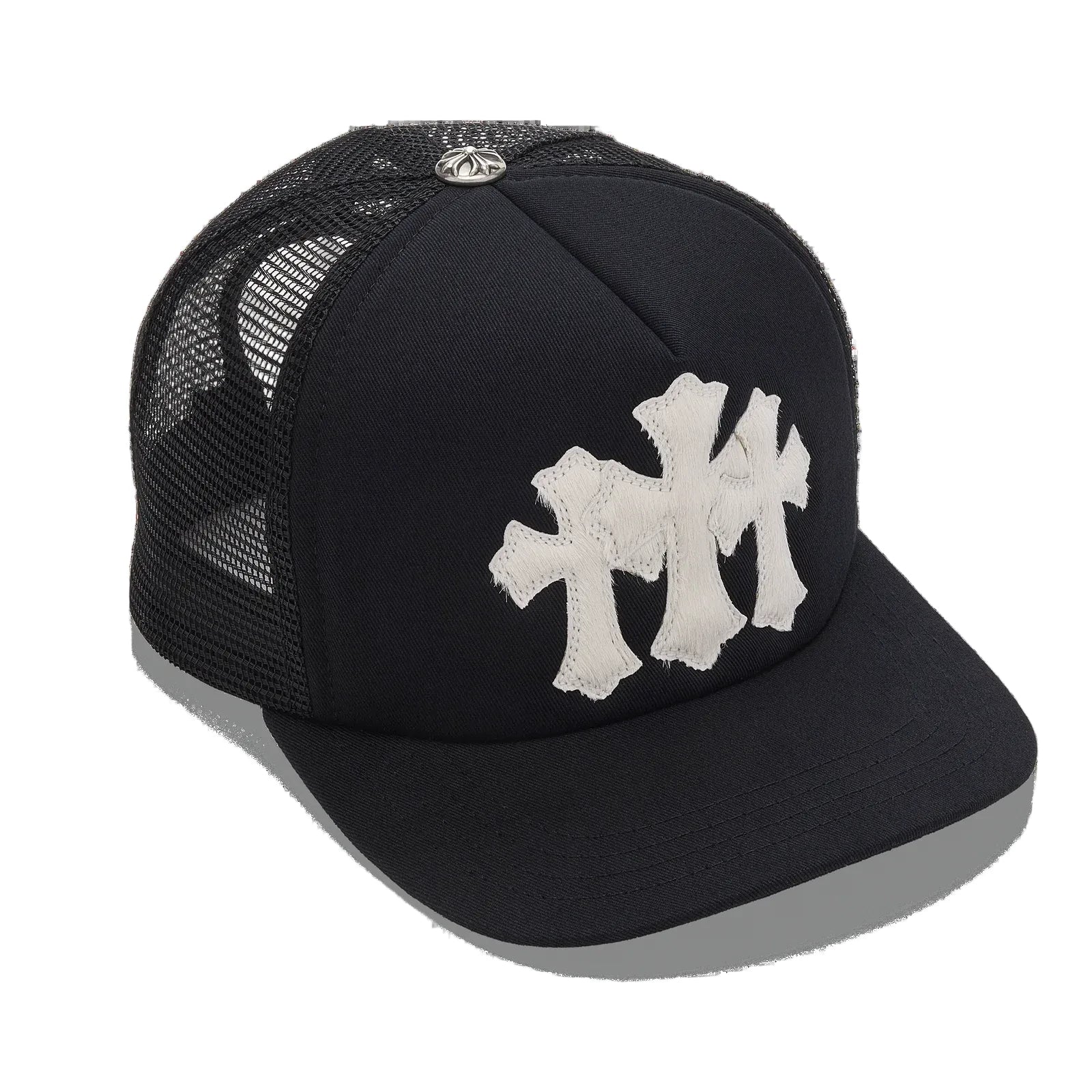 Chrome Hearts Calf Hair Triple Cemetery Cross Trucker Hat Black