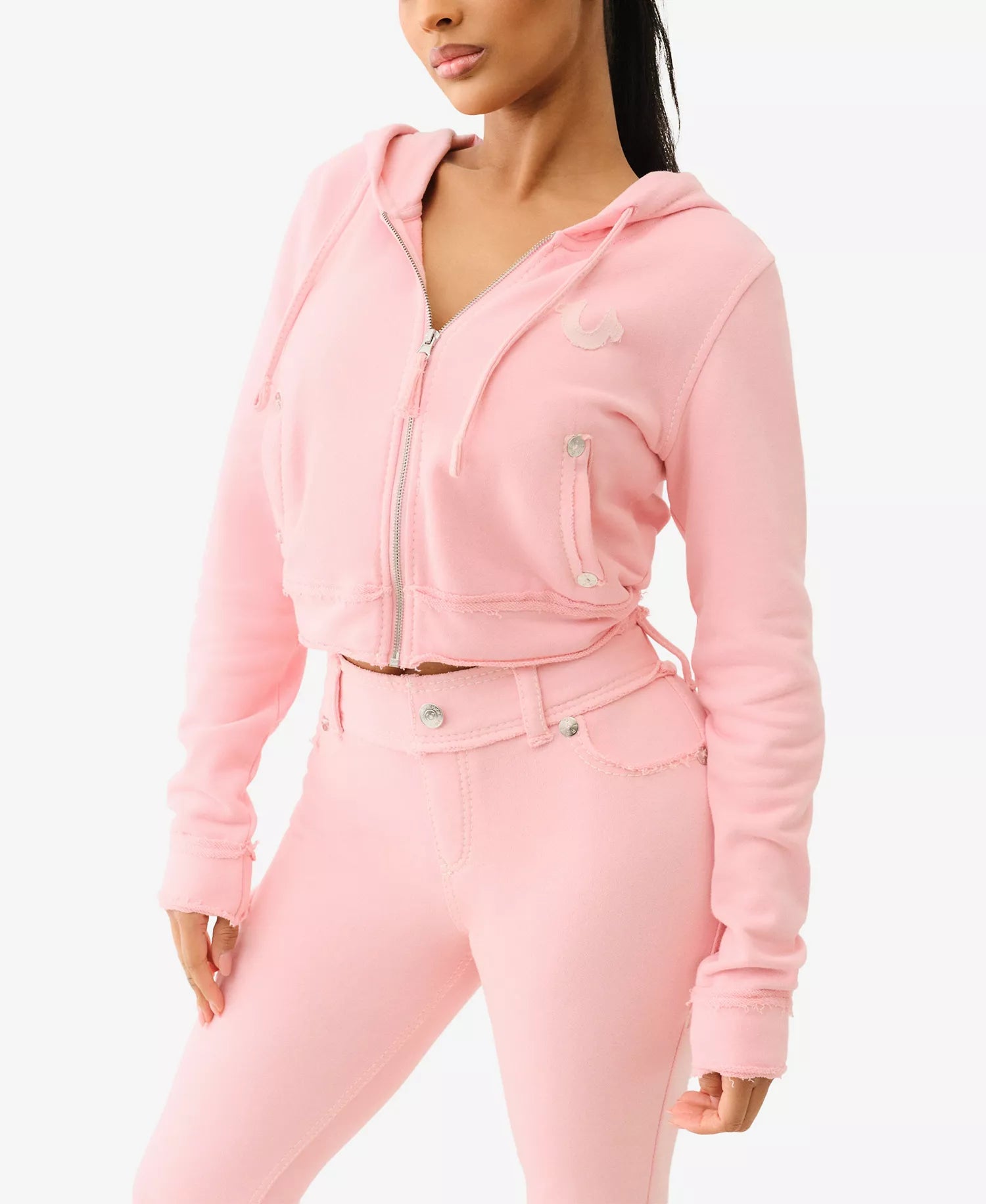 True Religion Women's Raw Edge Big T Shrunken Hoodie Sweatshirt