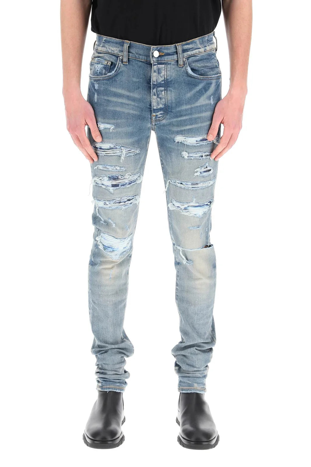 Amiri Logo Patch Distressed Slim-Cut Jeans