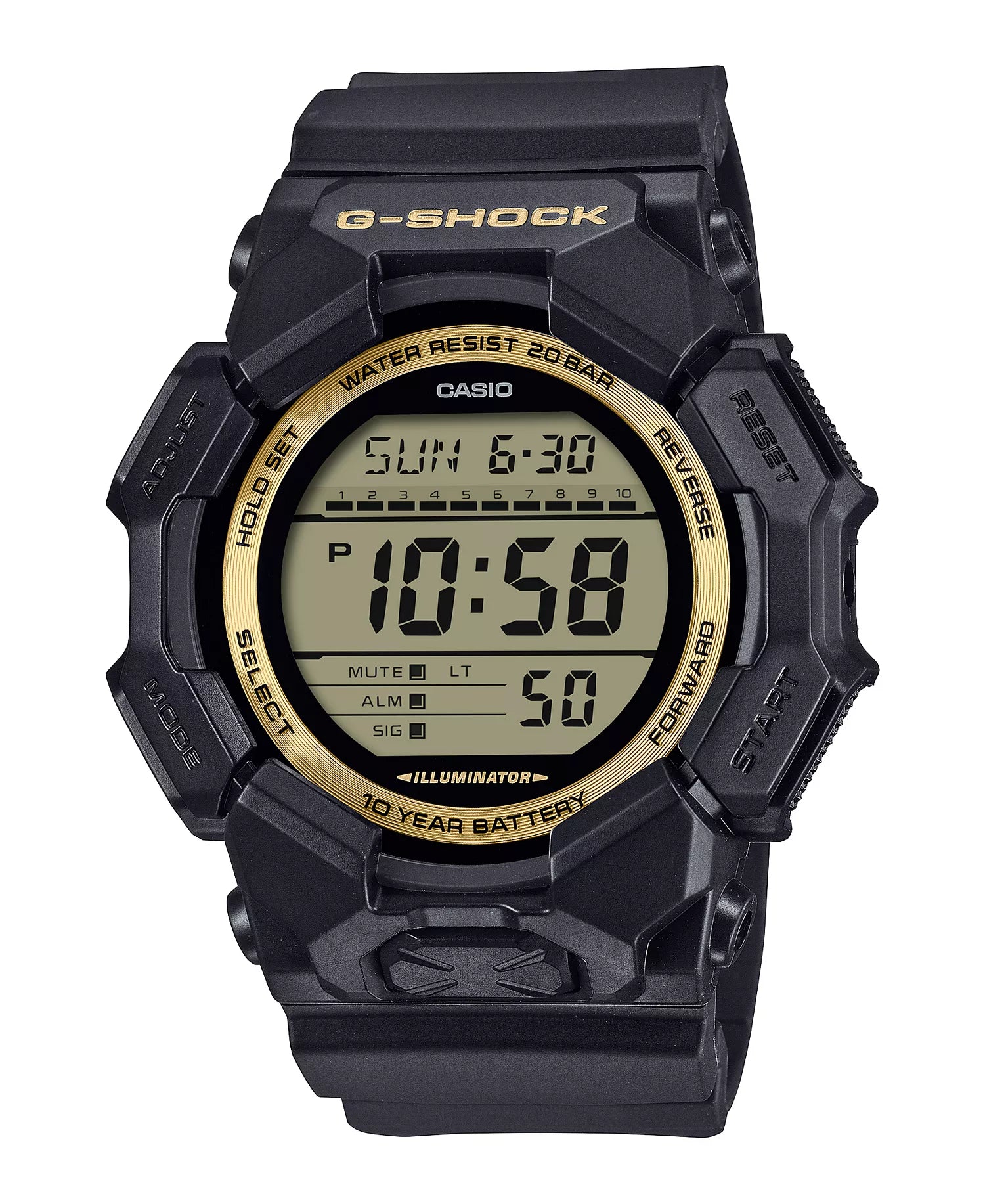 Men’s Casio G-Shock Black Resin Digital Watch with Gold-Tone Dial (Model: GD010GB-1A9)