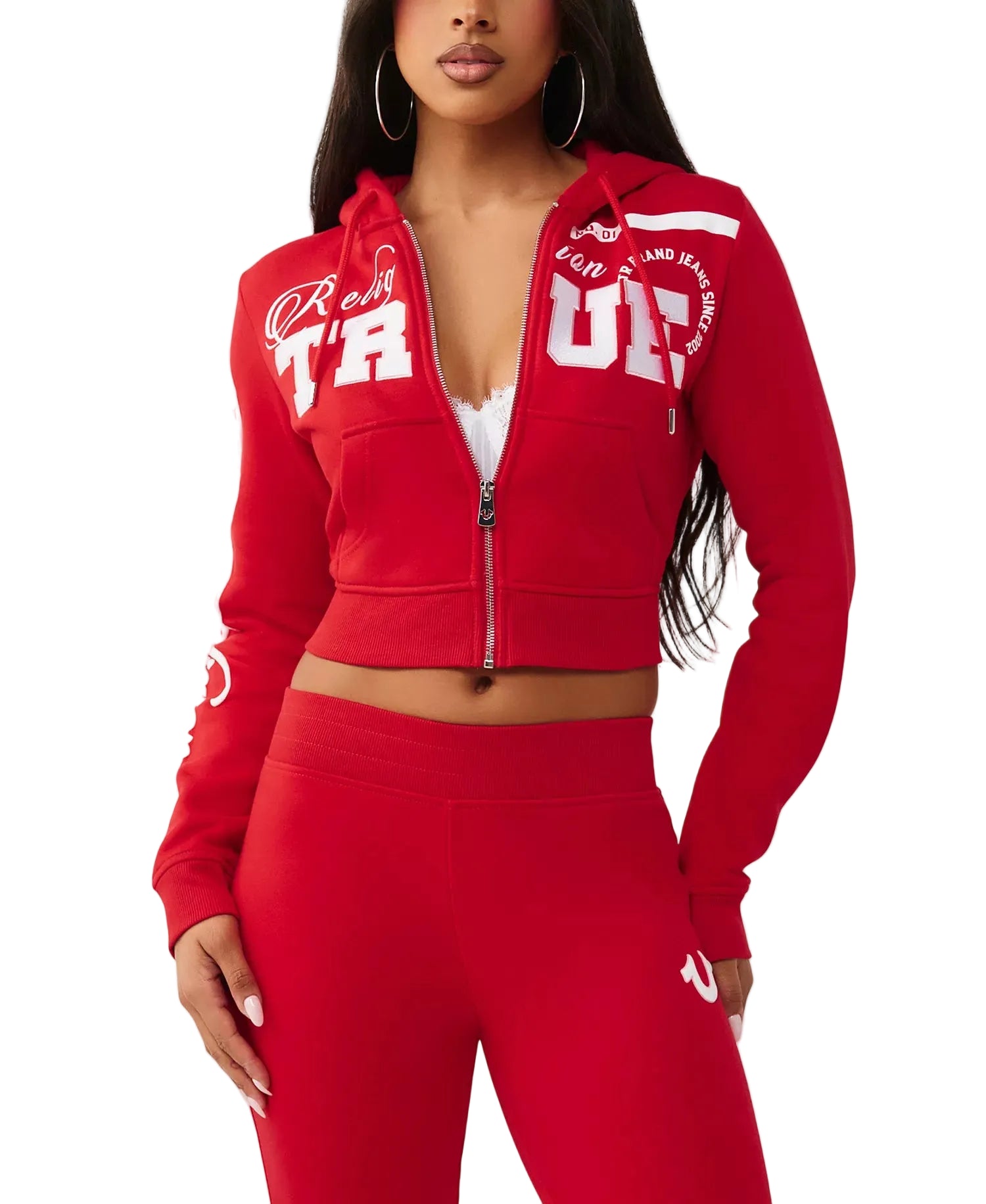 Embroidered Front Zip Cotton Blend Crop Hoodie