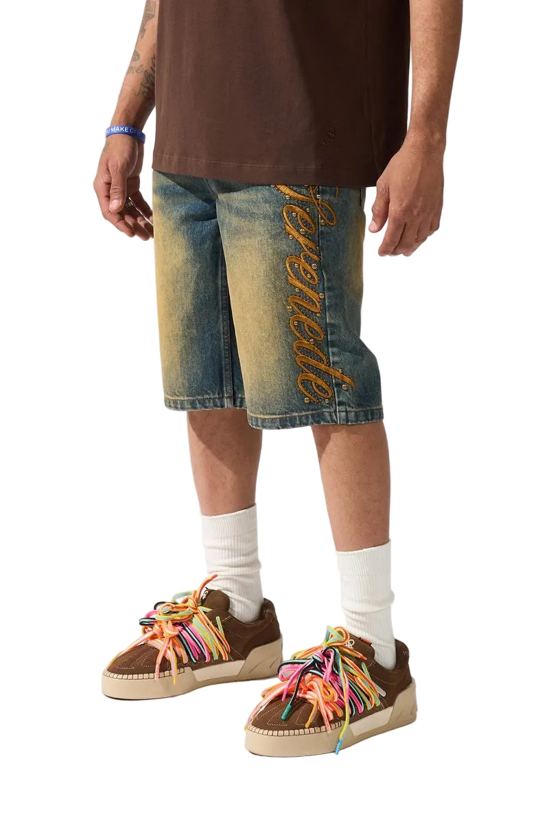 SERENEDE SIDE SCRIPT Dark Denim Shorts