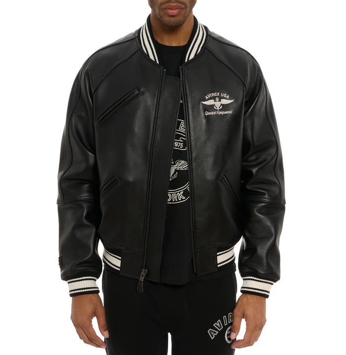 Mens Avirex Stadium Black Leather Jacket