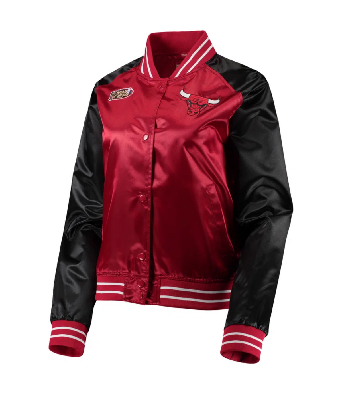 WOMENS CHICAGO BULLS MITCHELL NESS RED HARDWOOD CLASSICS RAGLANSATIN FULL-SNAP JACKET