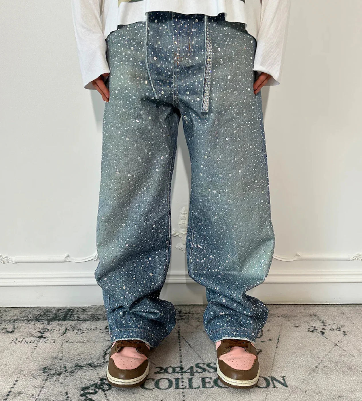 BIRTH OF ROYAL CHILD 3D PRINTING WASHED 20K SWAROVSKI DIAMOND BORO DENIM PANTS BLUE