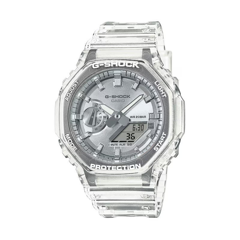 Men’s Casio G-Shock Analog Digital Clear Resin Strap Watch with Silver-Tone Dial (Model: GA2100BM-7A8)