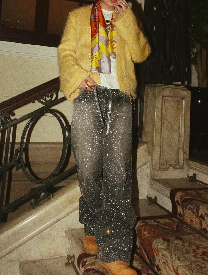 BIRTH OF ROYAL CHILD 3D PRINTING WASHED 20K SWAROVSKI DIAMOND BORO DENIM PANTS BLACK