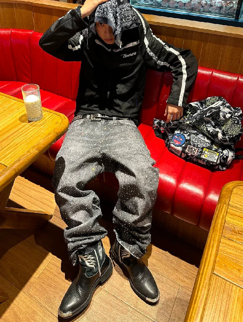 BIRTH OF ROYAL CHILD 3D PRINTING WASHED 20K SWAROVSKI DIAMOND BORO DENIM PANTS BLACK