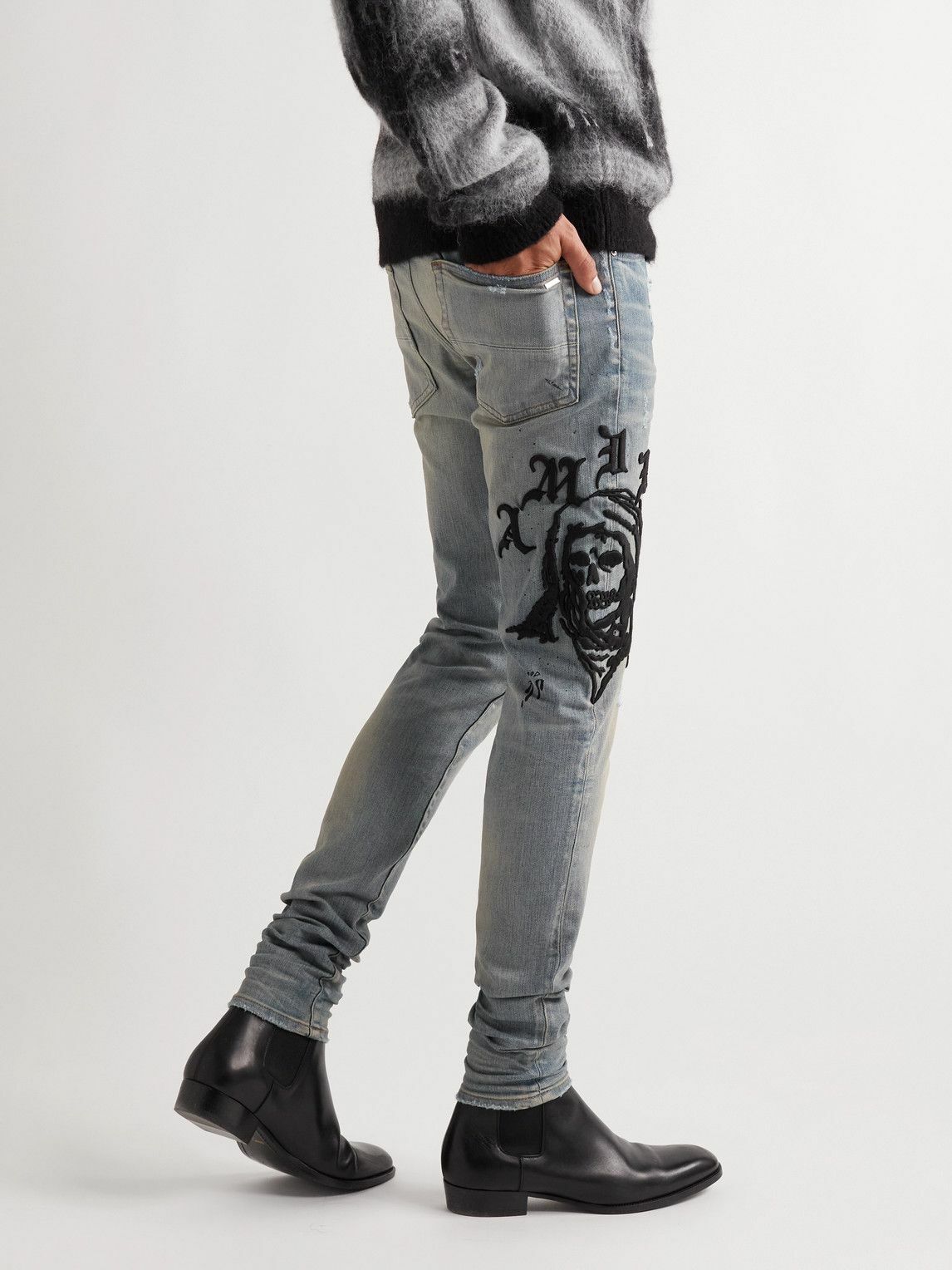 AMIRI - Wes Lang Skinny-Fit Distressed Embroidered Jeans - Blue