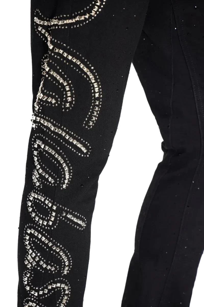 Lattice Black Stacked Flare Jean