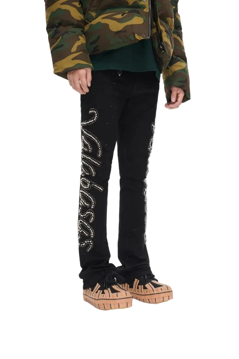 Lattice Black Stacked Flare Jean