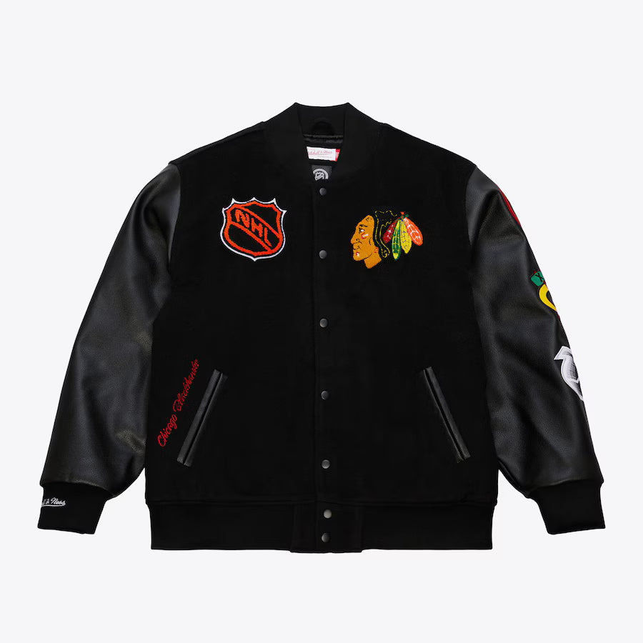 Men's Chicago Blackhawks Black Out Collection Team Logo Full-Snap Varsity Jacket