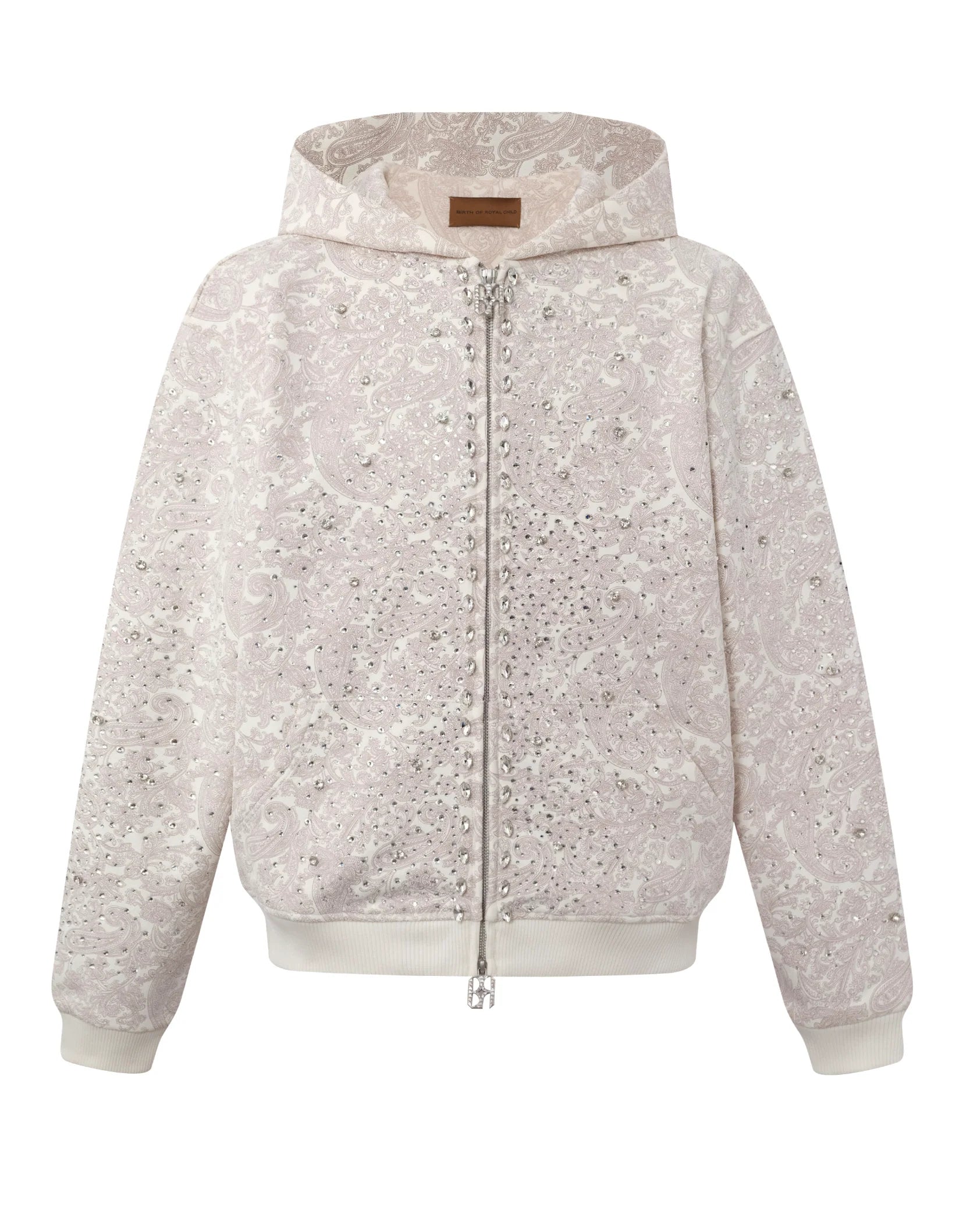 Cashew Blossom Pearl Zipper Hoodie-WHT